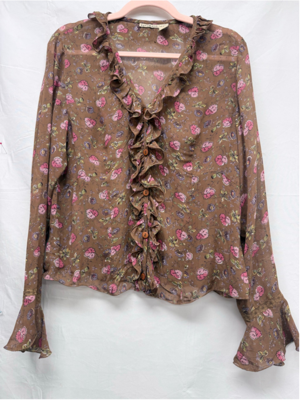 Women's Vintage Putumayo Floral Blouse Size M Brown Pink Ruffle